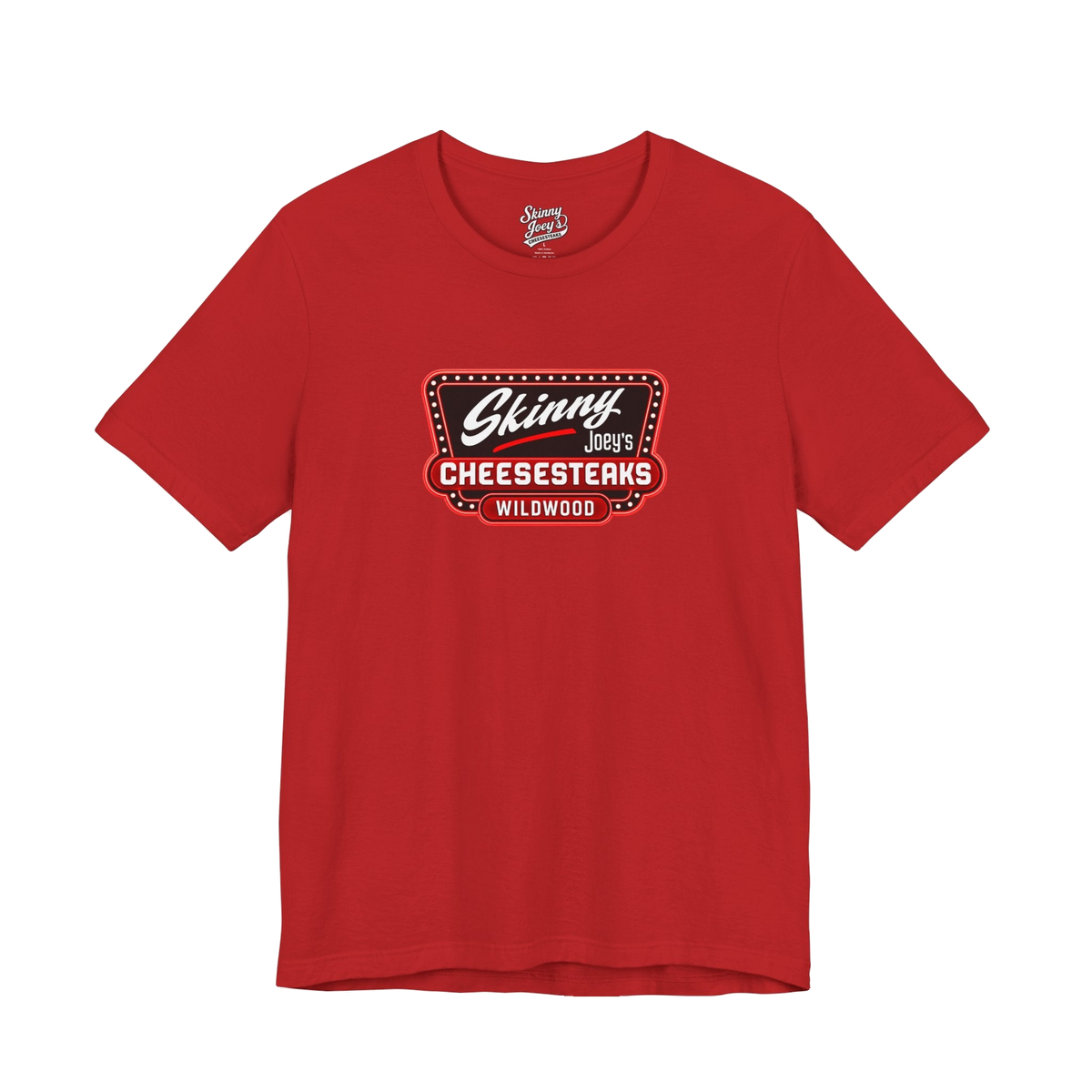 Official Wildwood graphic tee in red, The Skinny Podcast with Joey Merlino & Lil Snuff merch