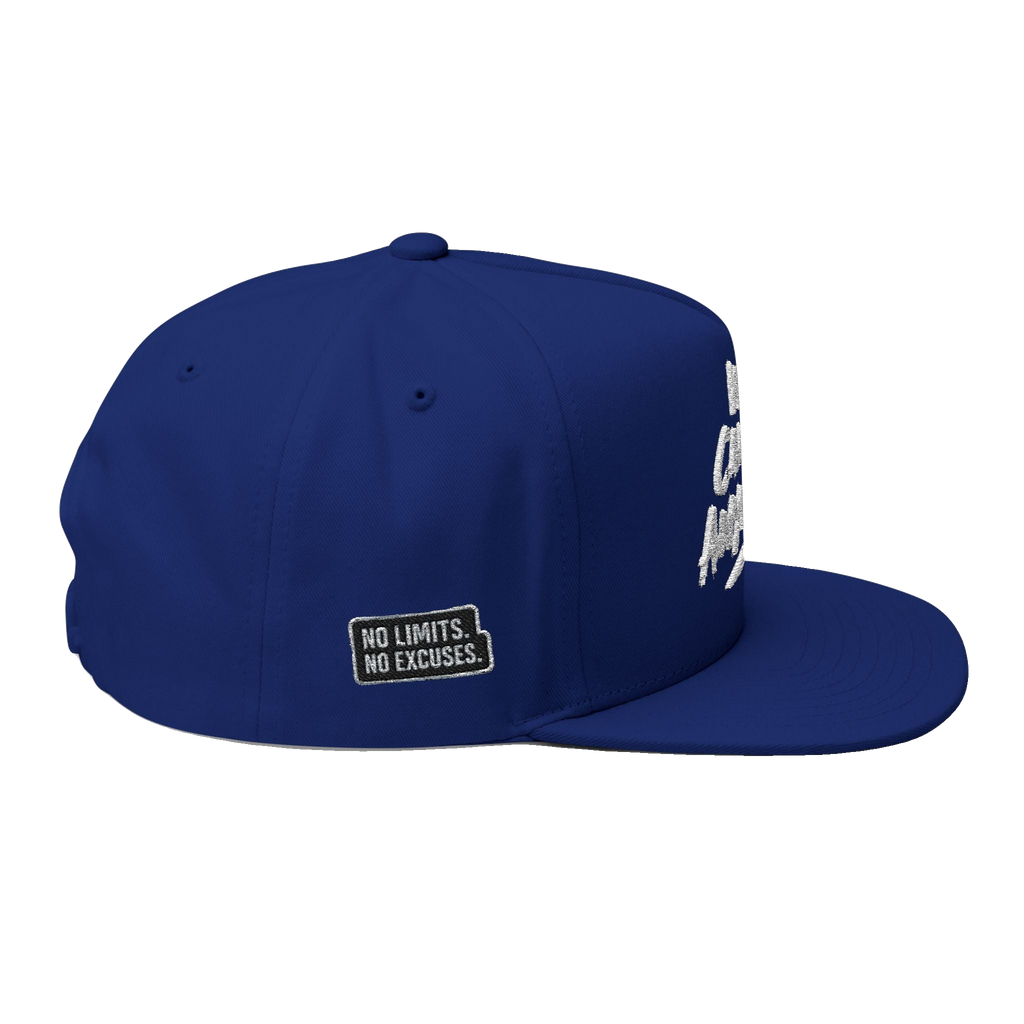 We Can Go Anywhere embroidered snapback in royal blue, side view, Skinny Joey's Cheesesteaks apparel