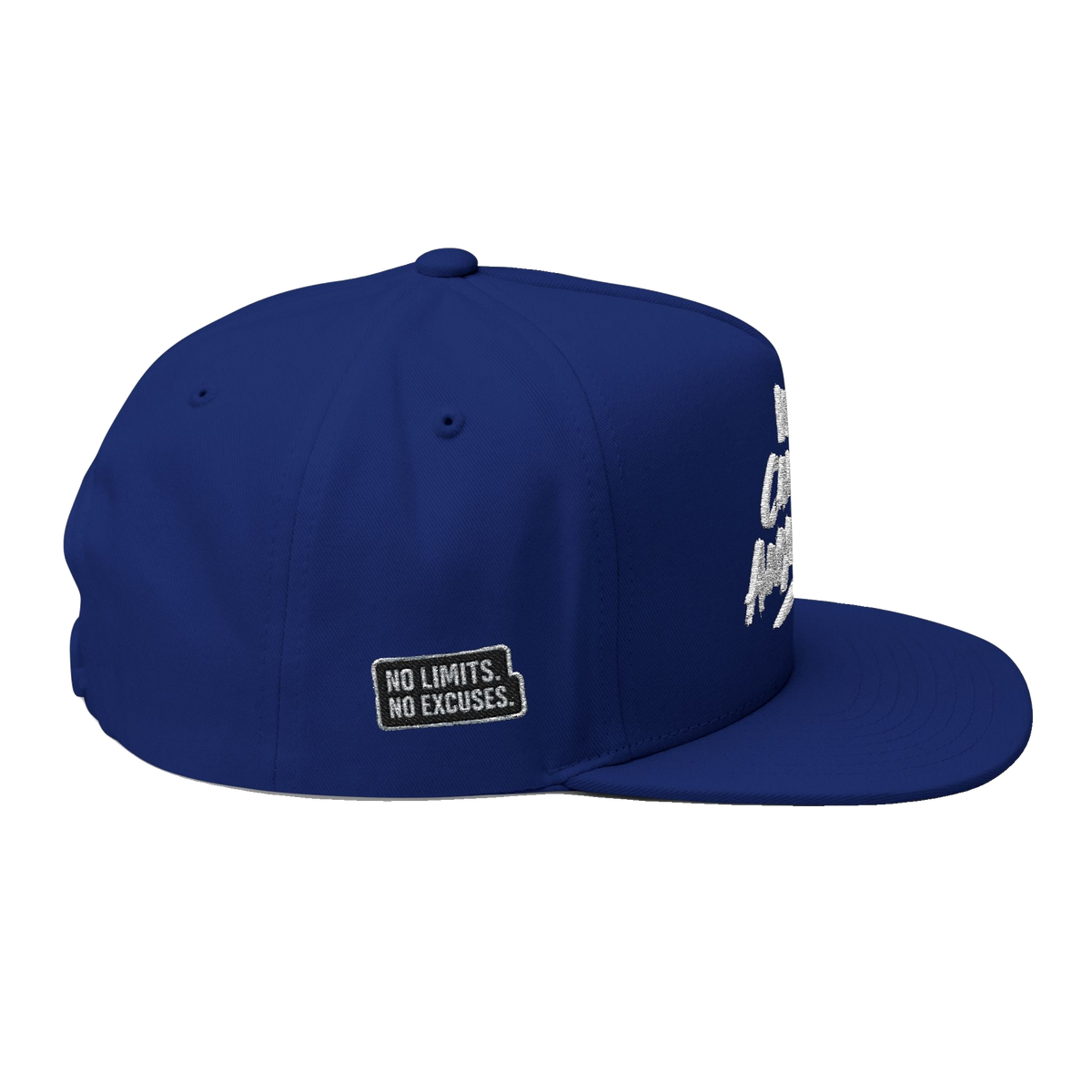 We Can Go Anywhere embroidered snapback in royal blue, side view, Skinny Joey's Cheesesteaks apparel