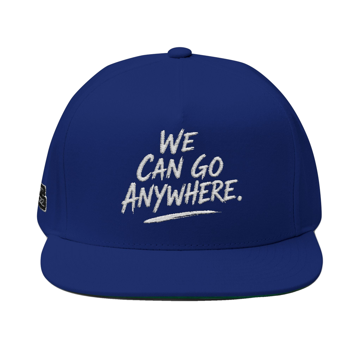 We Can Go Anywhere embroidered snapback in royal blue, front view, Philly culture apparel