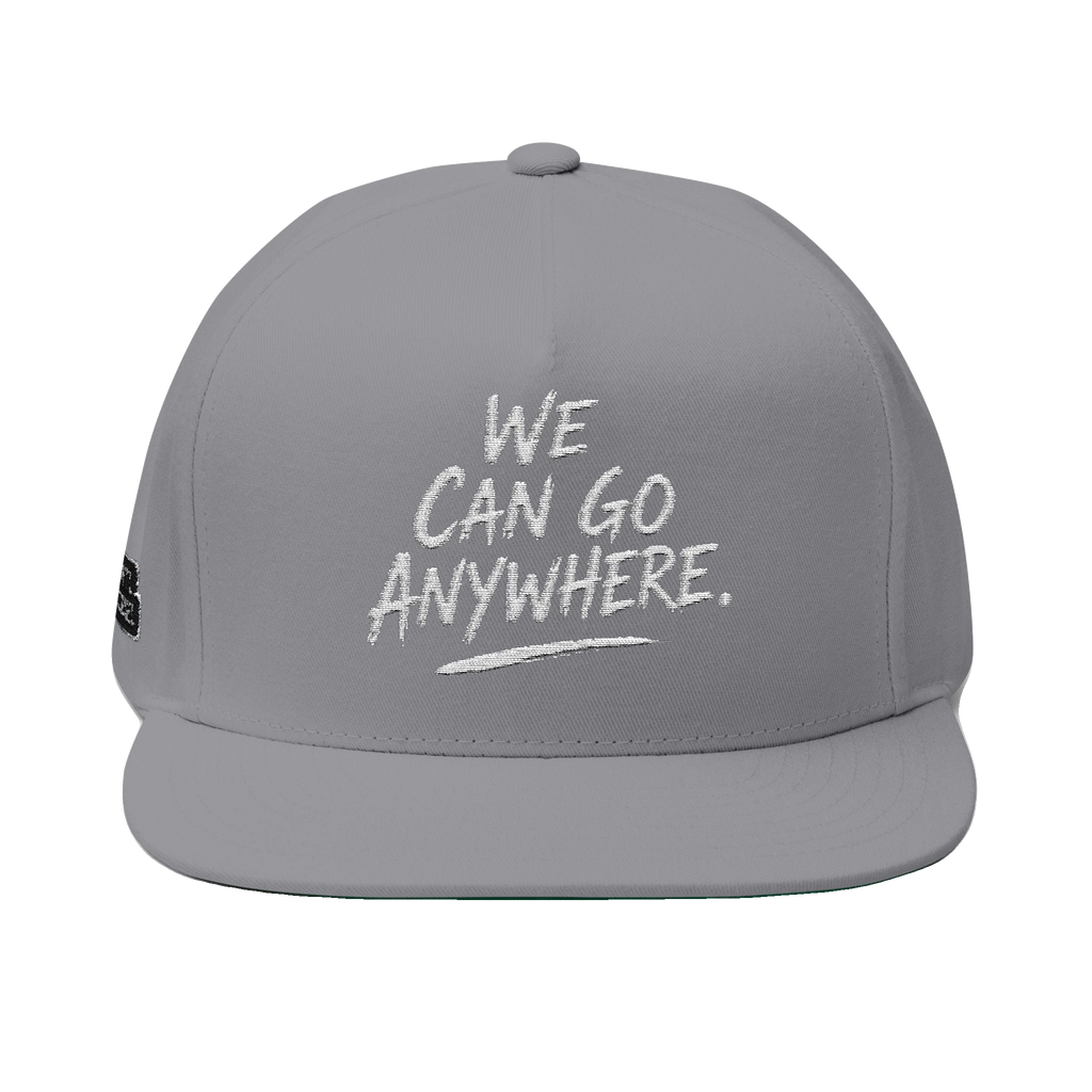 We Can Go Anywhere embroidered snapback in grey, front view, Italian American pride apparel