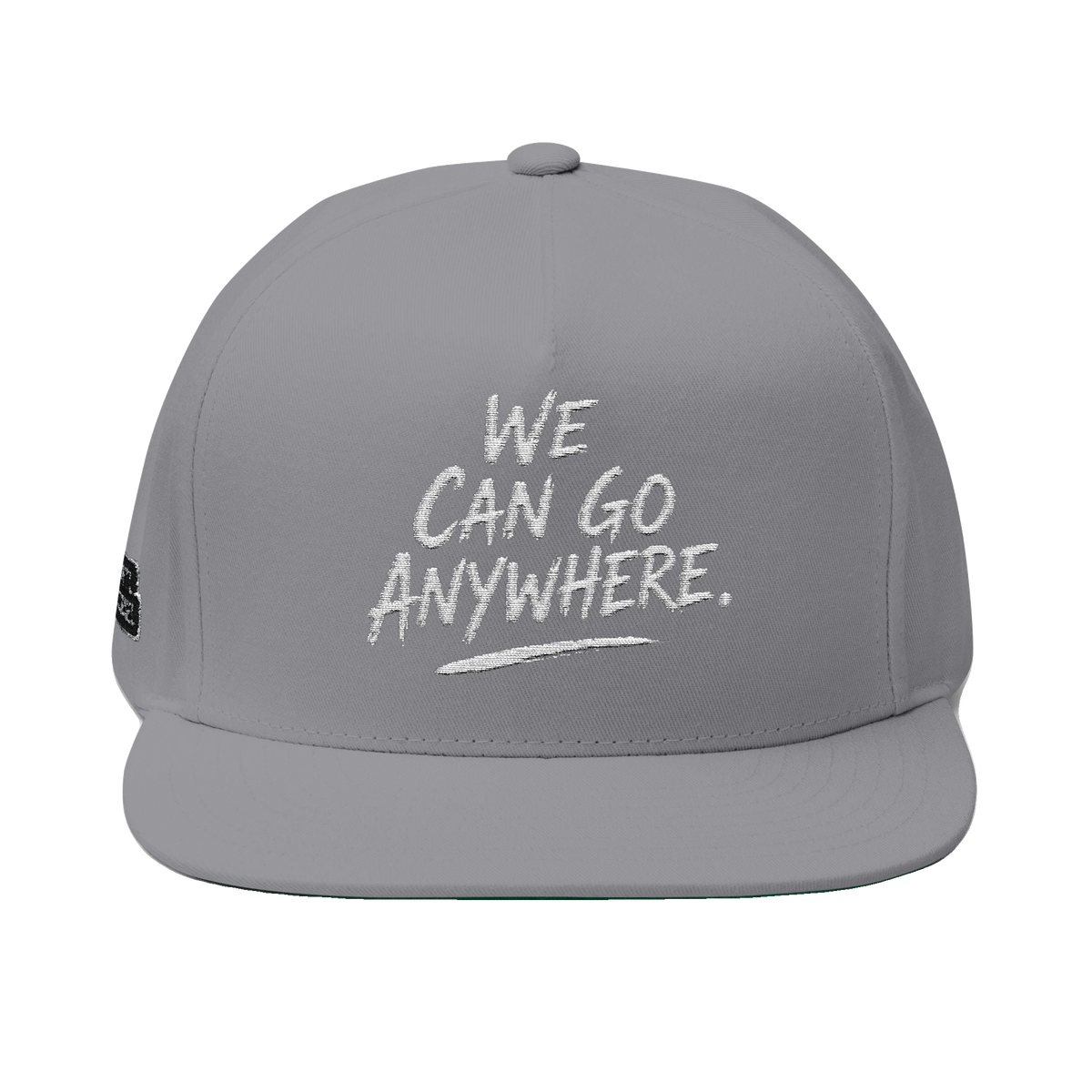 We Can Go Anywhere embroidered snapback in grey, front view, Italian American pride apparel