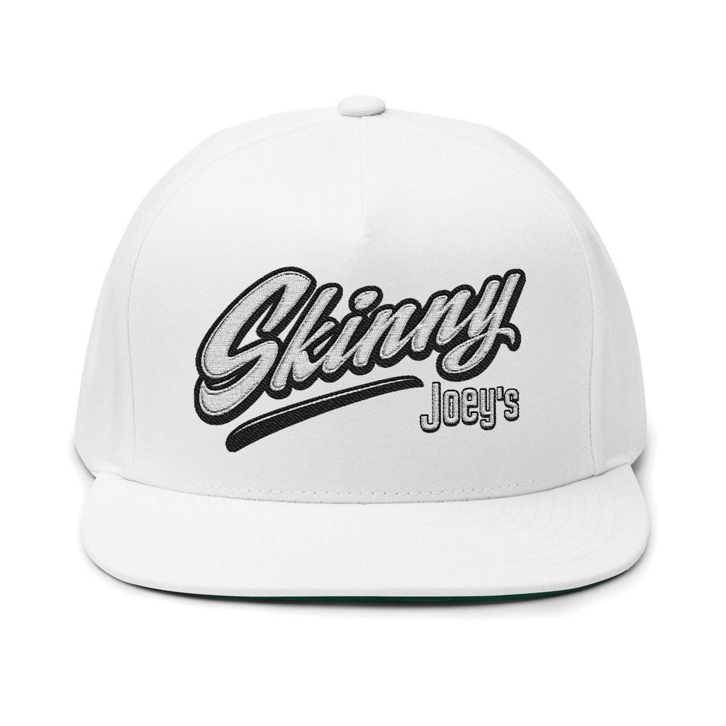 Skinny Joey's embroidered flat bill cap in white, The Skinny with Joey Merlino podcast merch