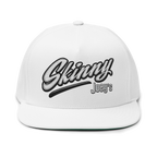 Skinny Joey's embroidered flat bill cap in white, The Skinny with Joey Merlino podcast merch