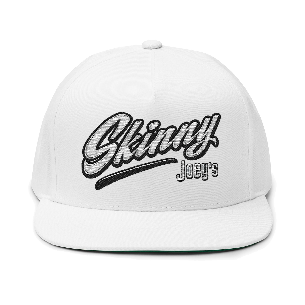 Skinny Joey's embroidered flat bill cap in white, The Skinny with Joey Merlino podcast merch