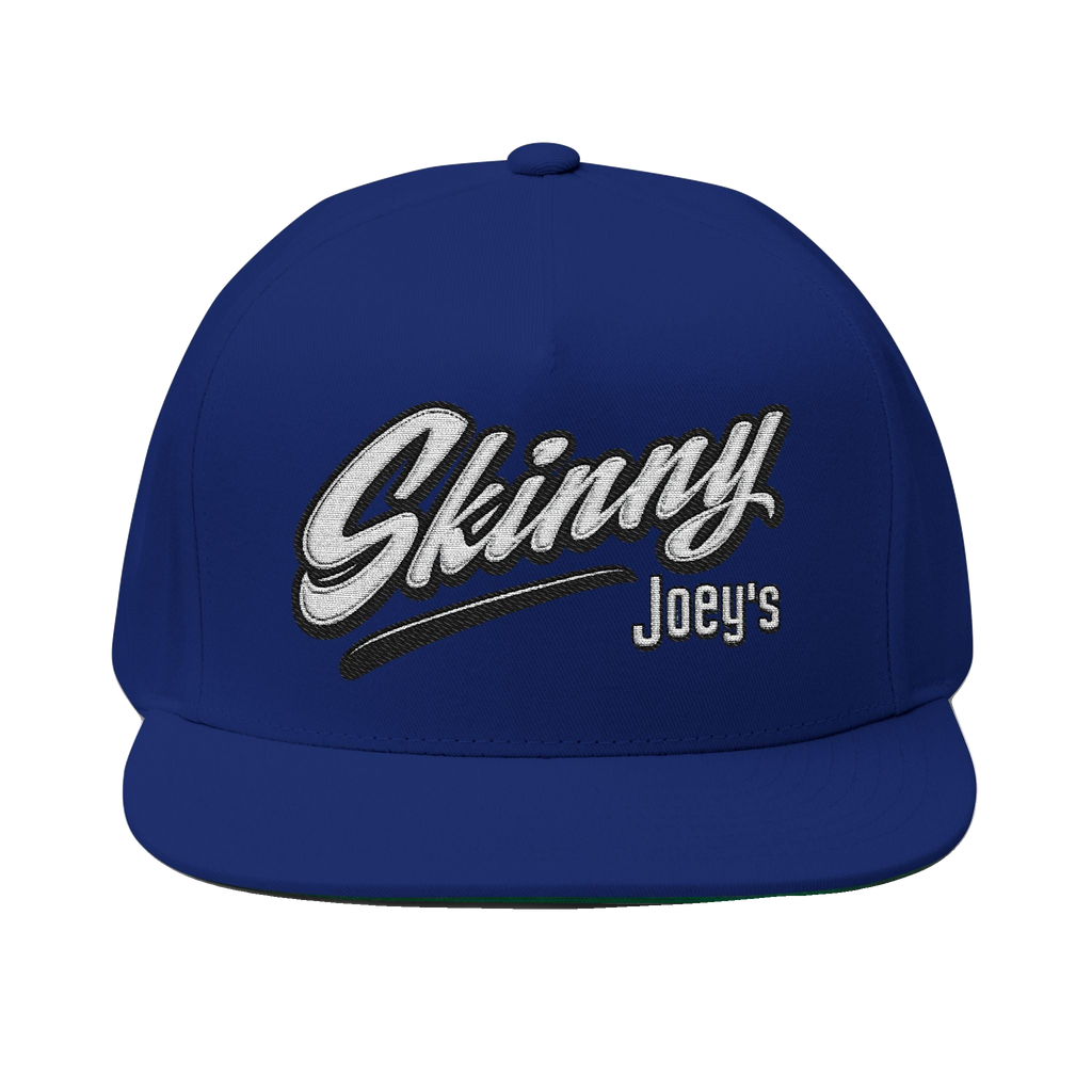 Skinny Joey's embroidered flat bill cap in royal blue, The Skinny with Joey Merlino podcast merch