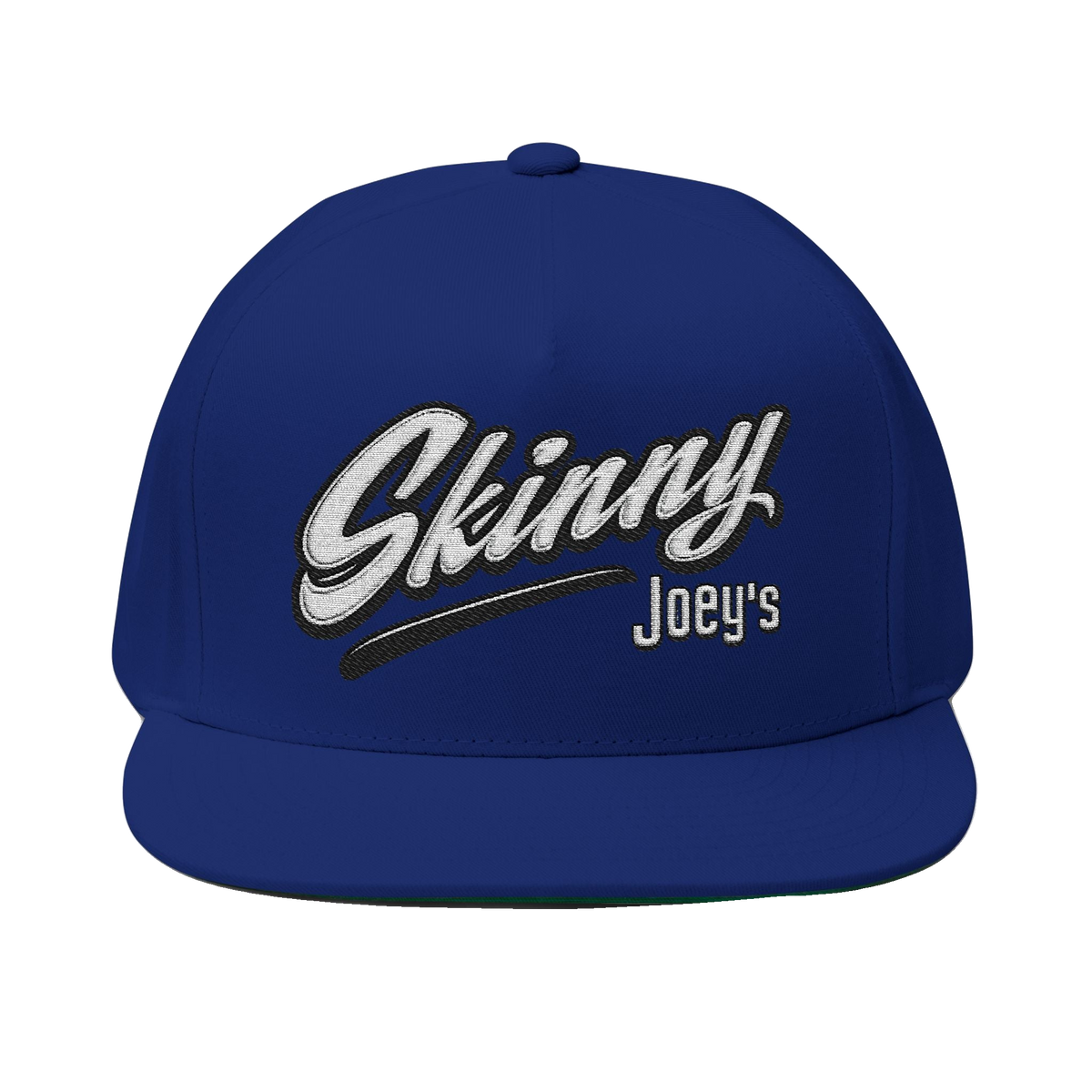Skinny Joey's embroidered flat bill cap in royal blue, The Skinny with Joey Merlino podcast merch