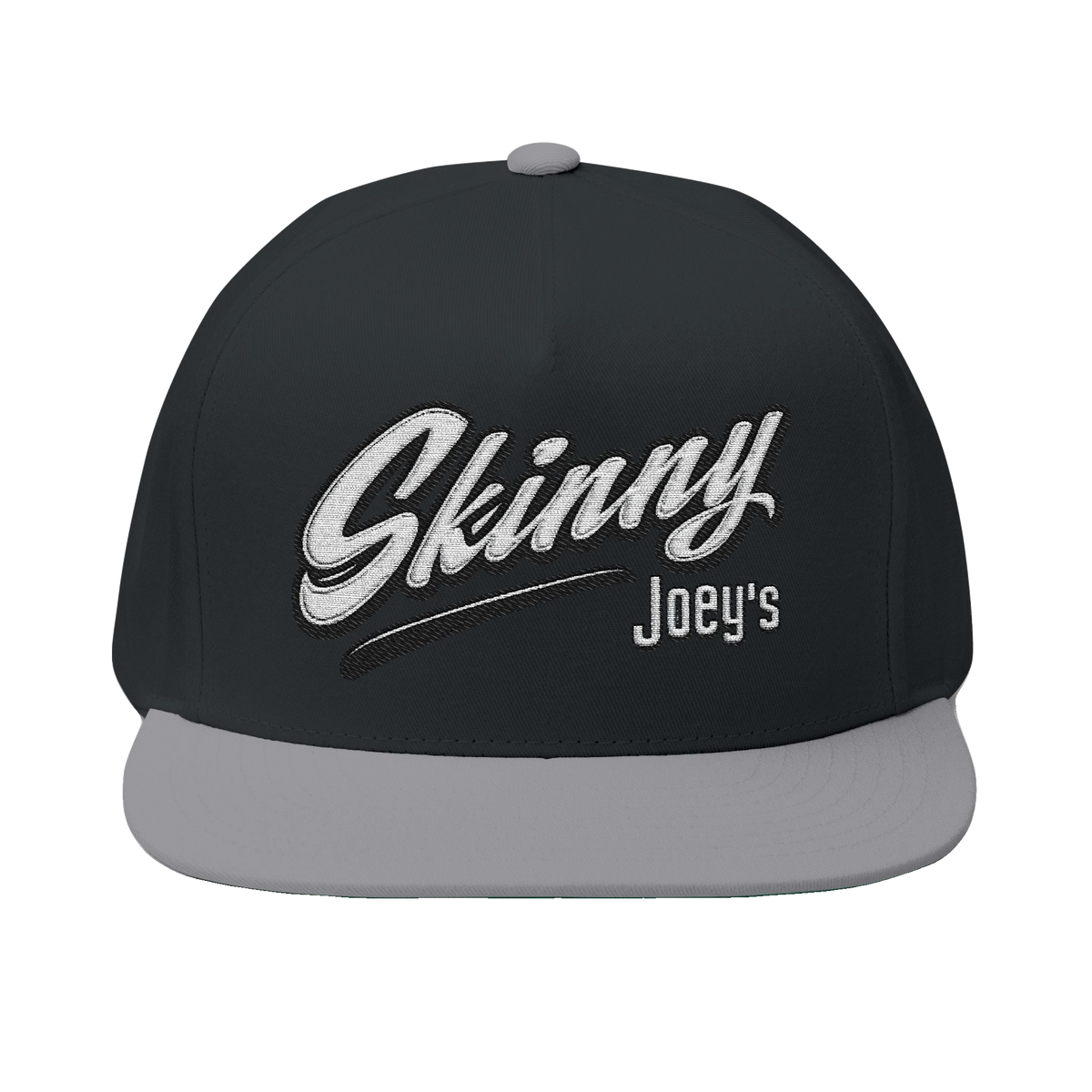 Skinny Joey's embroidered flat bill cap in black and grey, Italian American pride apparel