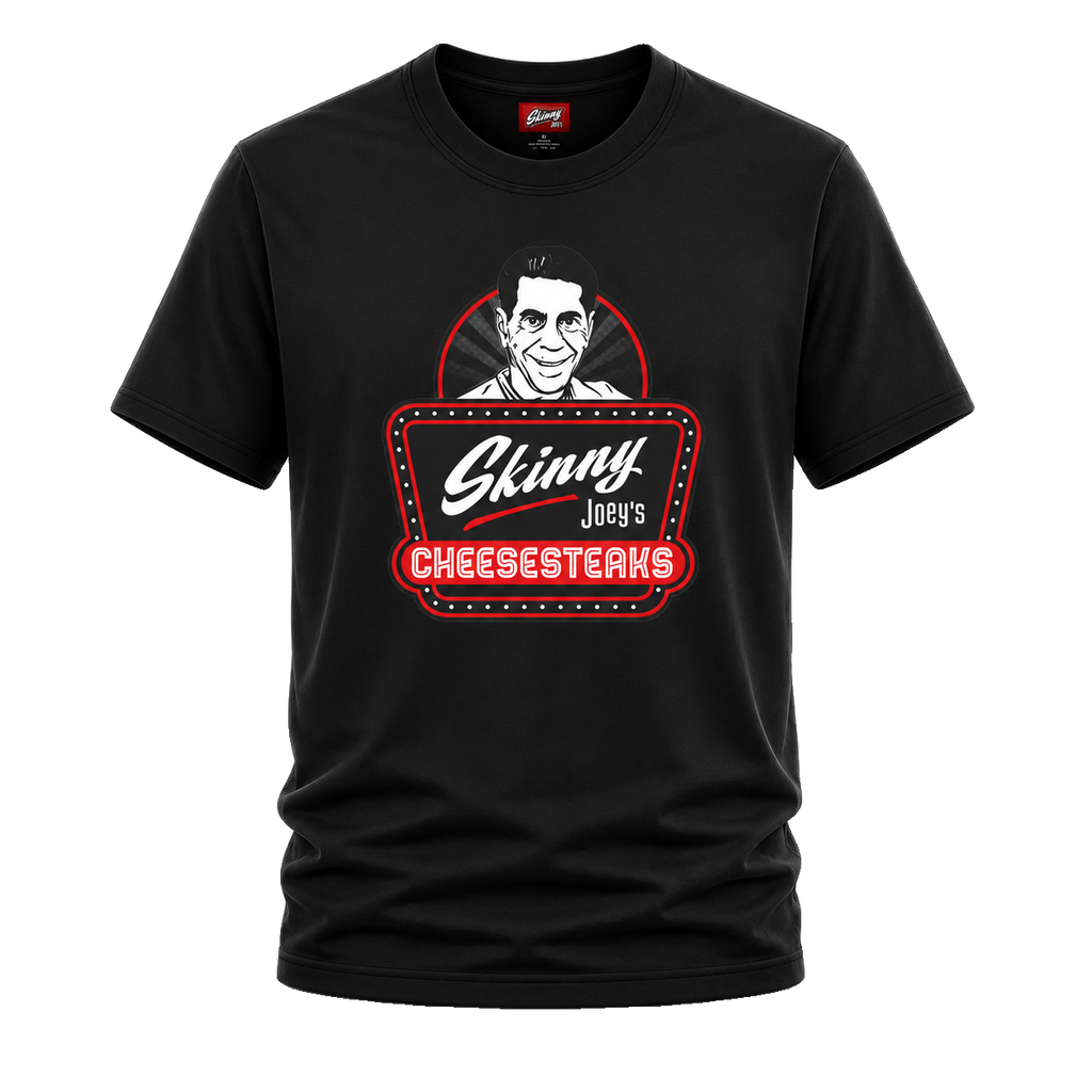 Skinny Joey's Cheesesteaks graphic tee in black, The Skinny Podcast with Joey Merlino & Lil Snuff merch