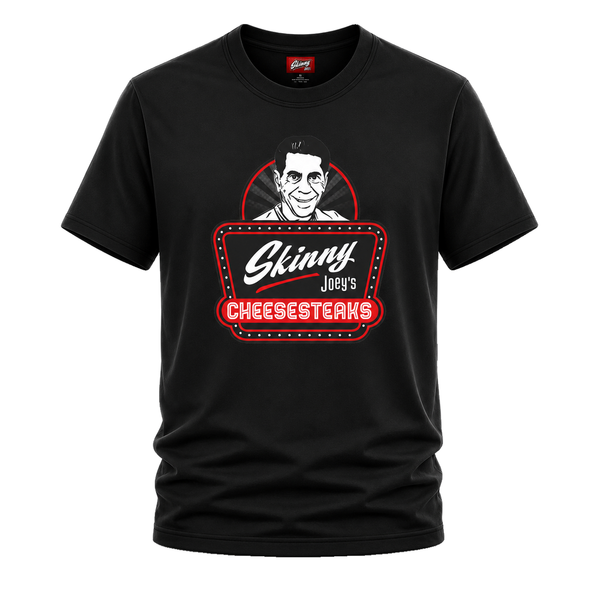 Skinny Joey's Cheesesteaks graphic tee in black, The Skinny Podcast with Joey Merlino & Lil Snuff merch