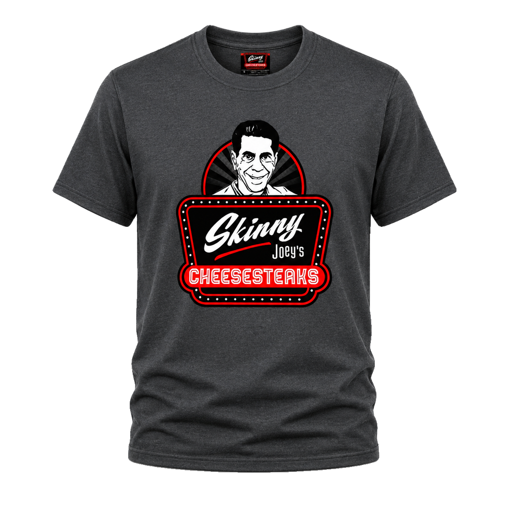 Skinny Joey's Cheesesteaks graphic tee in dark heather gray, Philly culture apparel