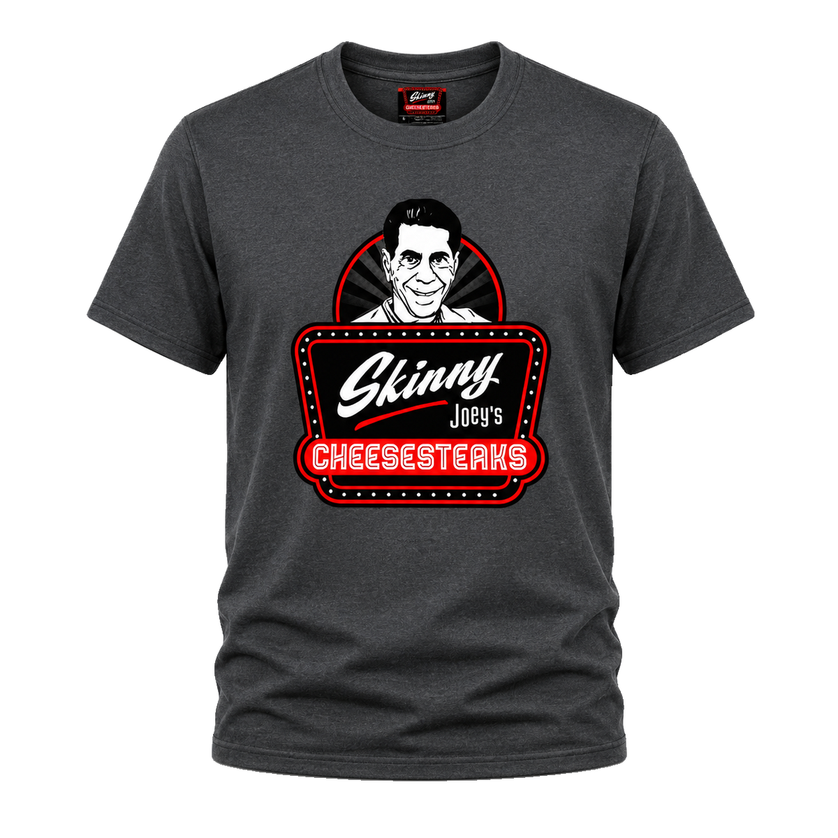 Skinny Joey's Cheesesteaks graphic tee in dark heather gray, Philly culture apparel