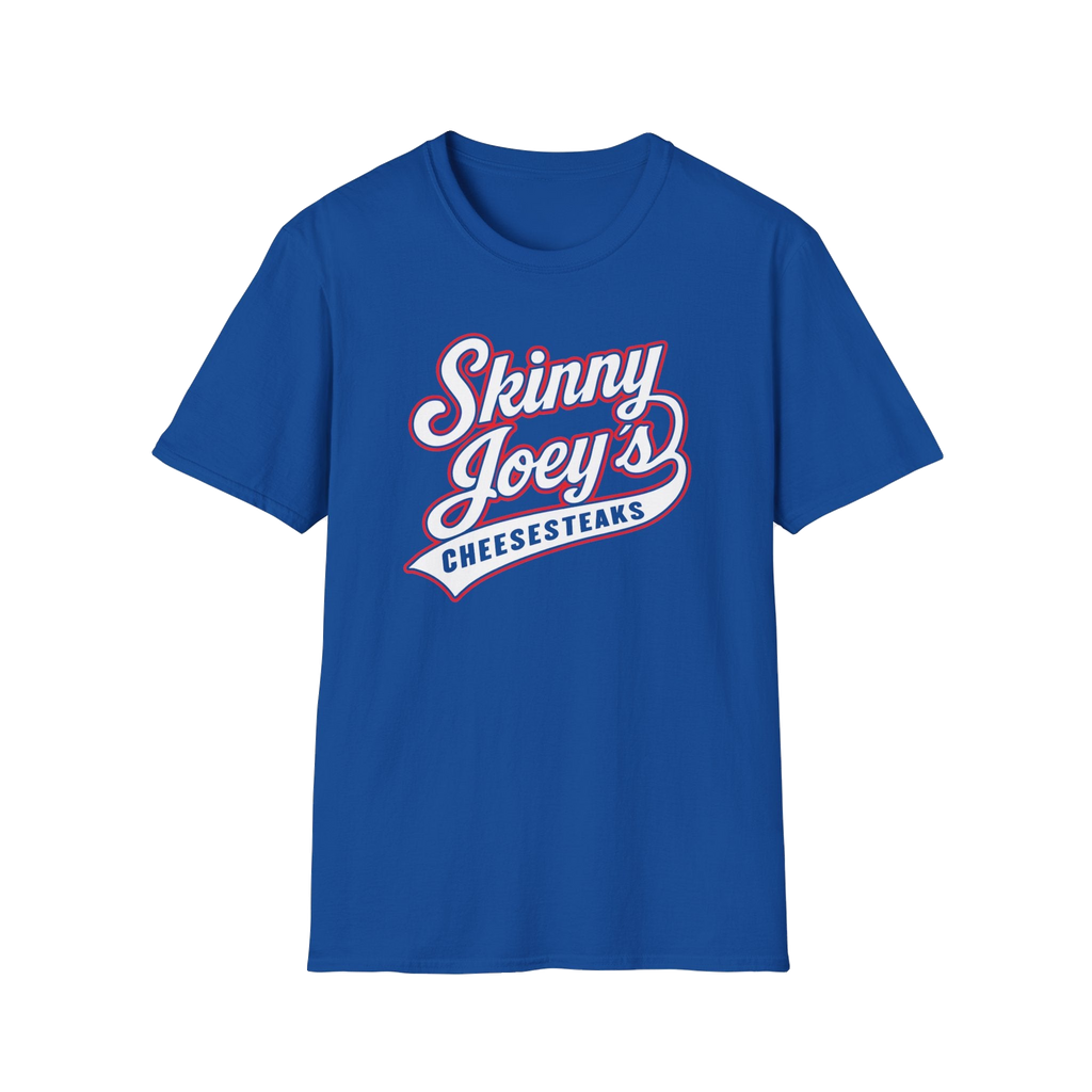 Skinny Joey's Cheesesteaks graphic tee in royal blue, The Skinny with Joey Merlino podcast merch