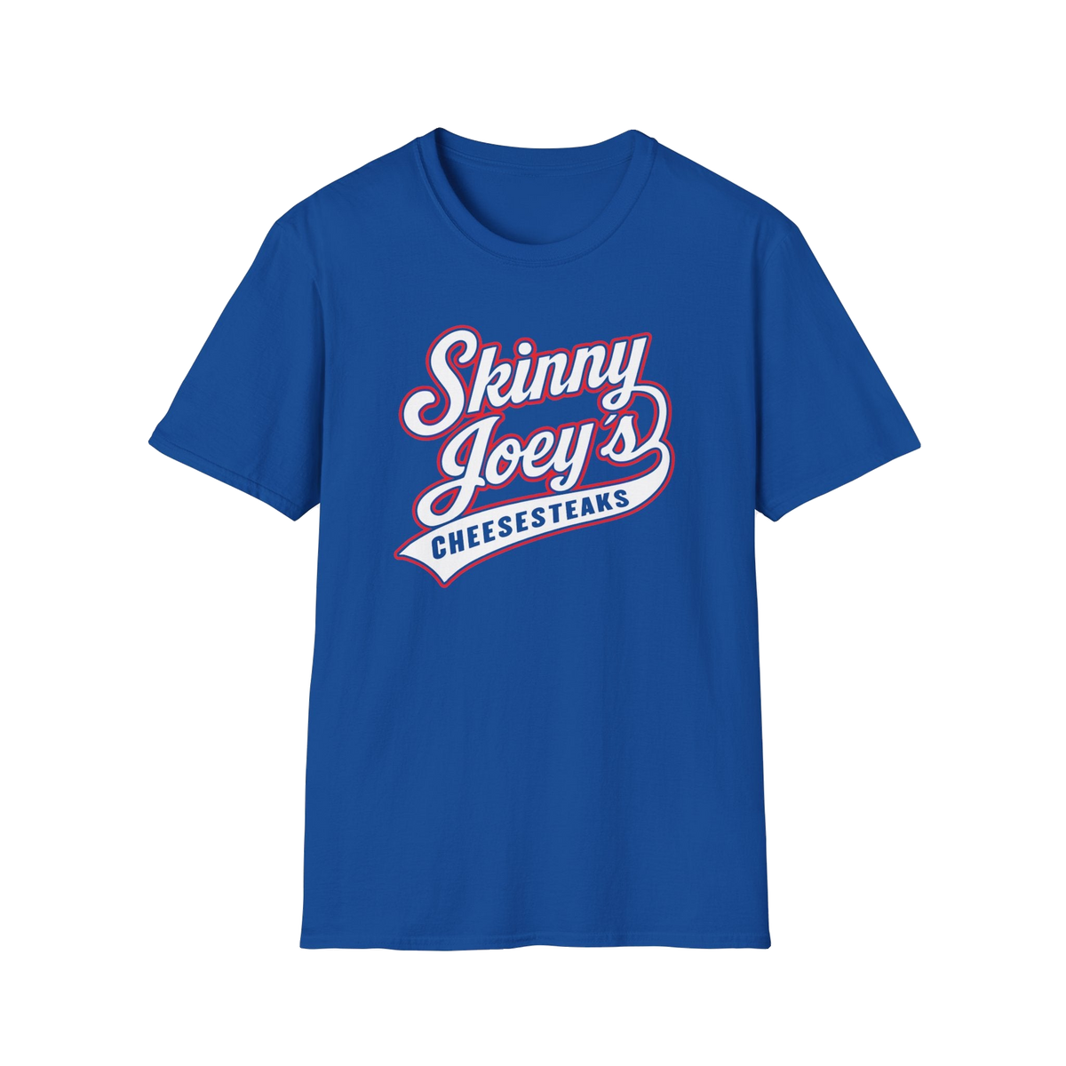 Skinny Joey's Cheesesteaks graphic tee in royal blue, The Skinny with Joey Merlino podcast merch
