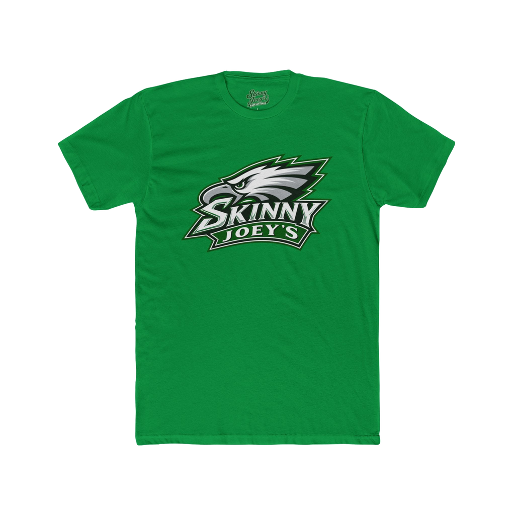 A green short-sleeve crewneck t-shirt featuring a large 'Skinny Joey's' eagle logo printed on the chest, displayed against a solid white background.