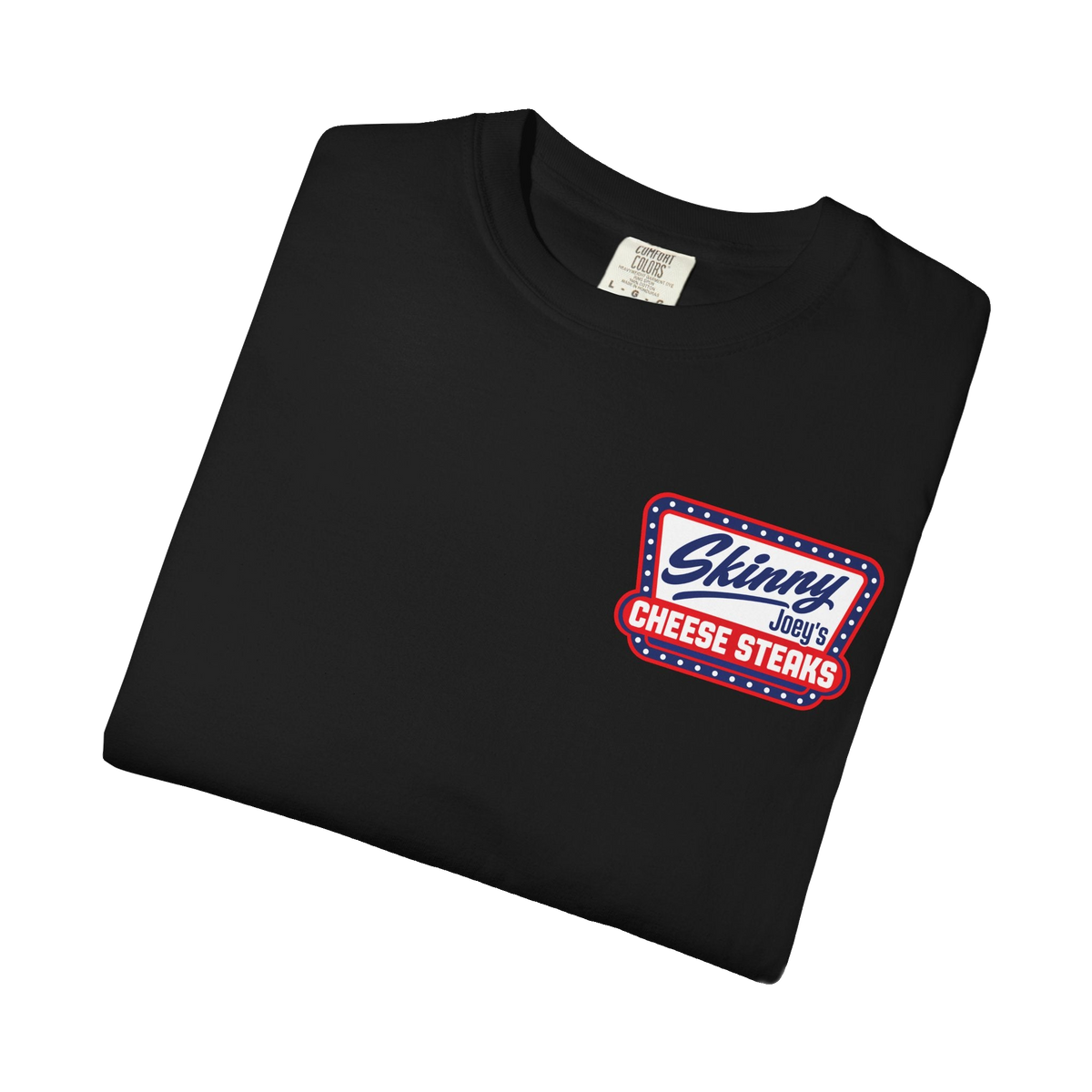 Skinny Joey's Cheesesteaks USA heavyweight tee in black, folded, South Philly