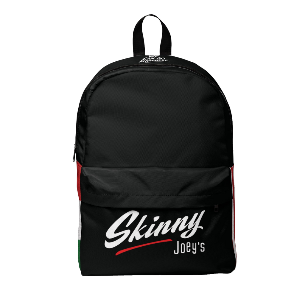 Skinny Joey's classic backpack in black, front, Skinny Joey's merch