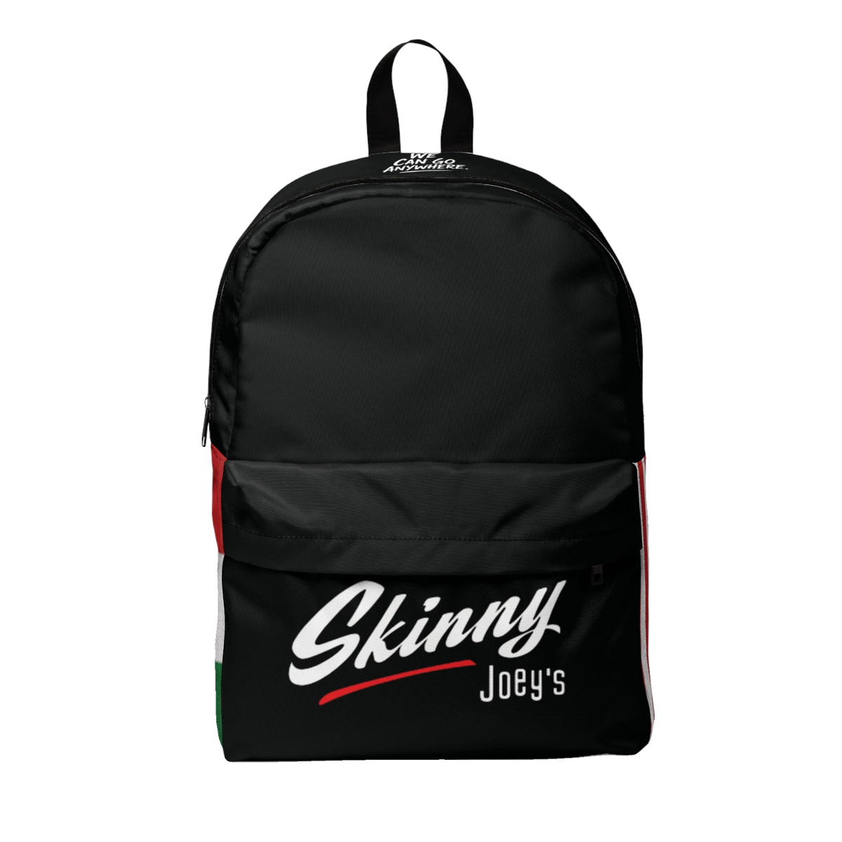 Skinny Joey's classic backpack in black, front, Skinny Joey's merch